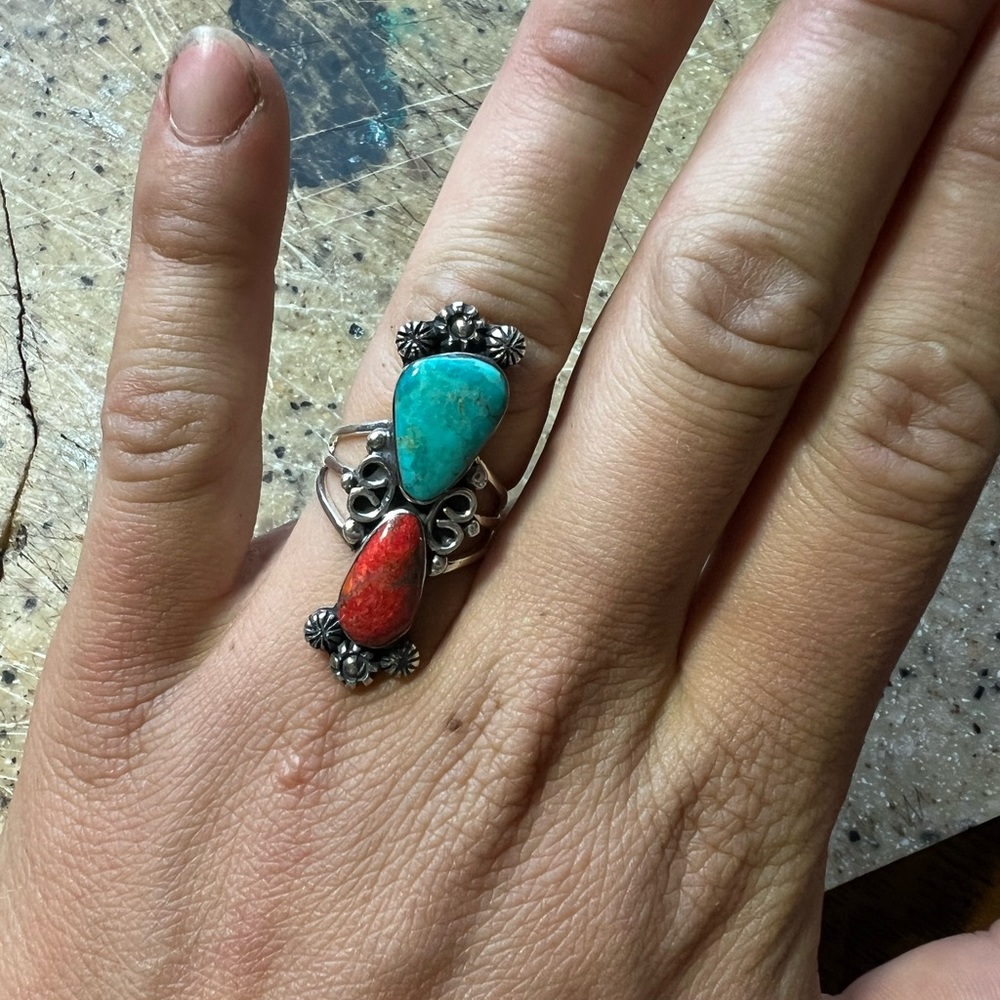 Turquoise and Coral Silver Ring